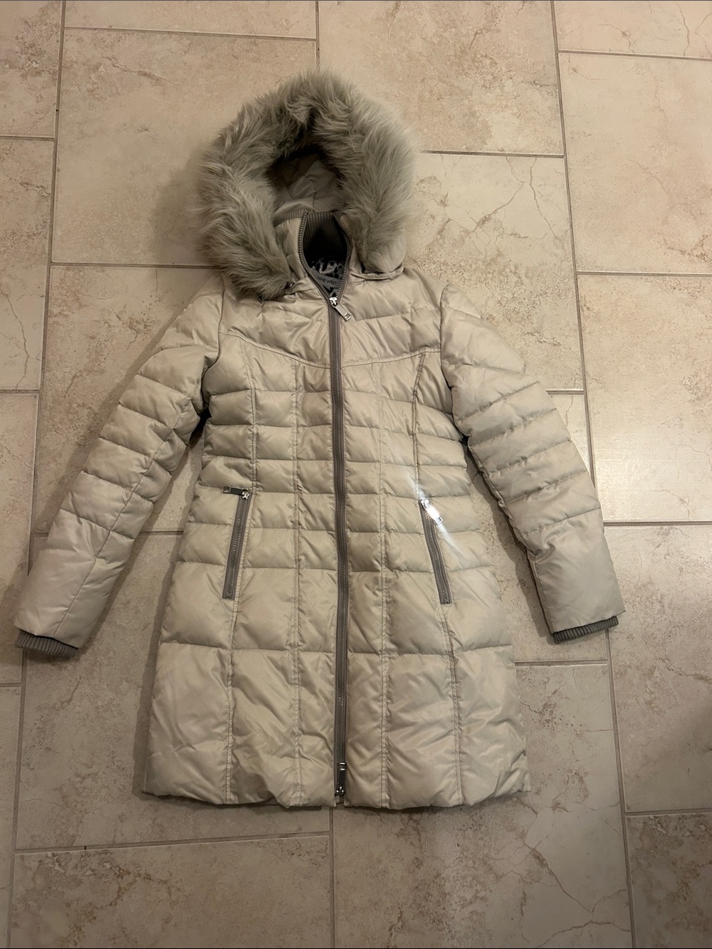 Women’s Long Puffer Coat with Faux Fur Hood - Cream/Grey. Never been worn.
